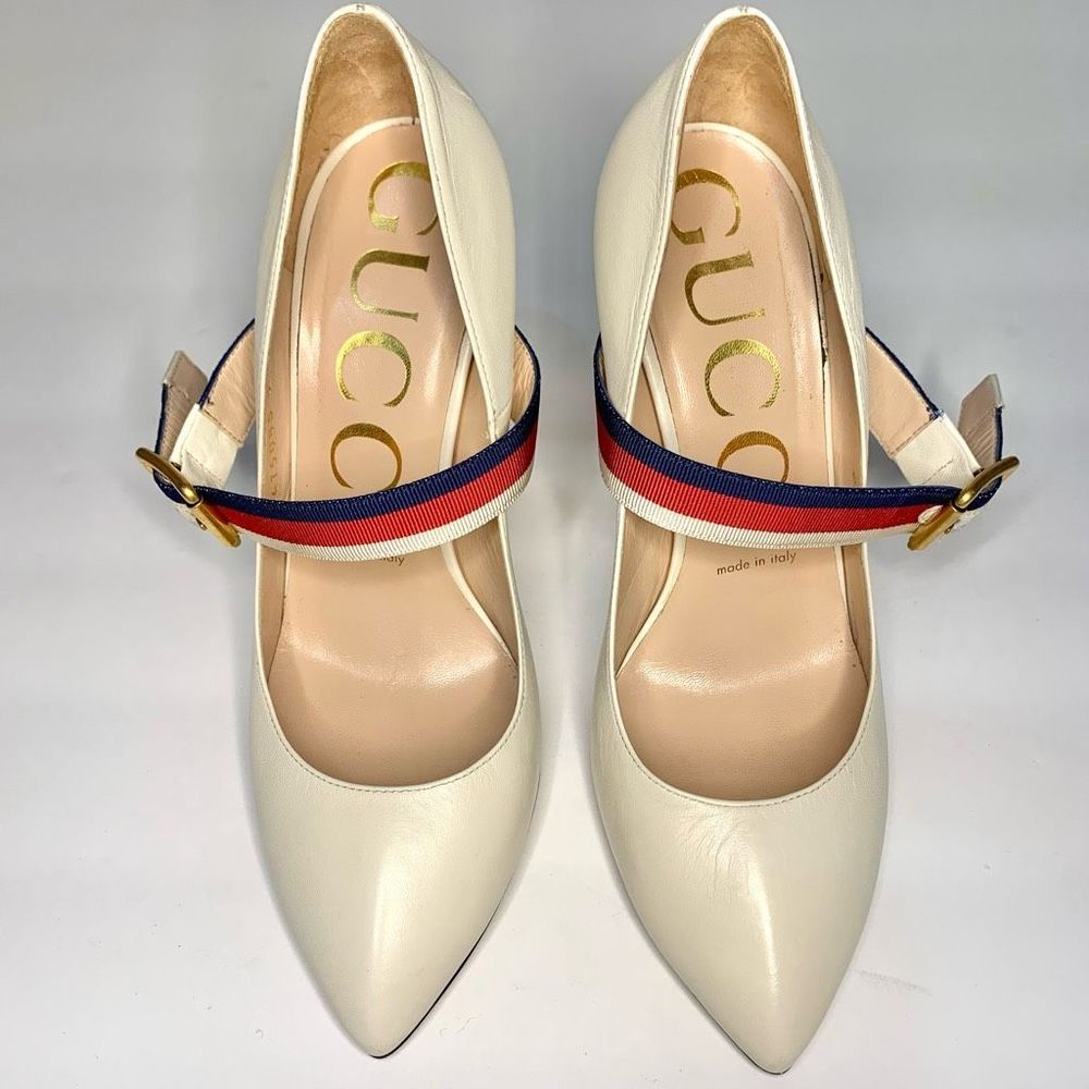 Gucci Malaga Kid/NS Gross Grain Sylvie Pumps Size 37, US 7 Mystic White - Picture 2 of 9